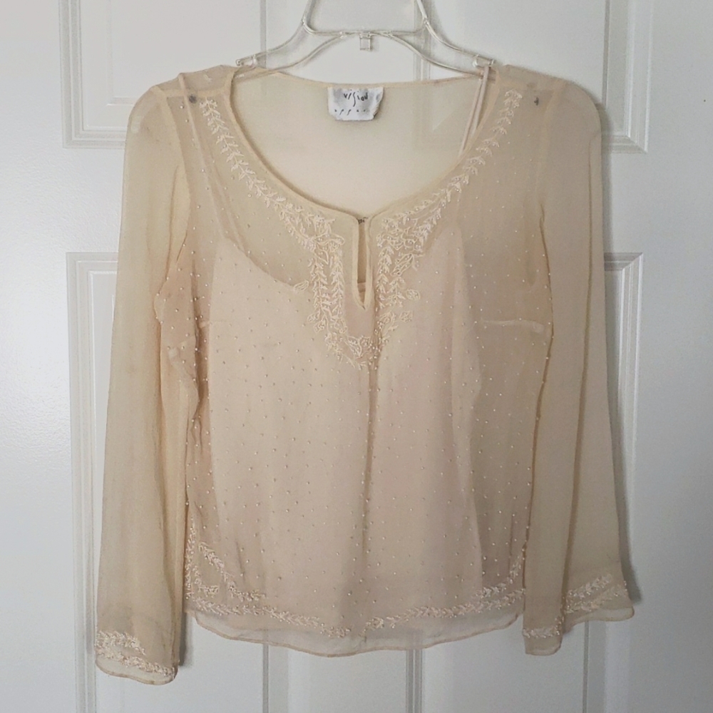 VISION APPAREL SHEER BEADED BLACK WITH CAMISOLE IN CREAM COLOR